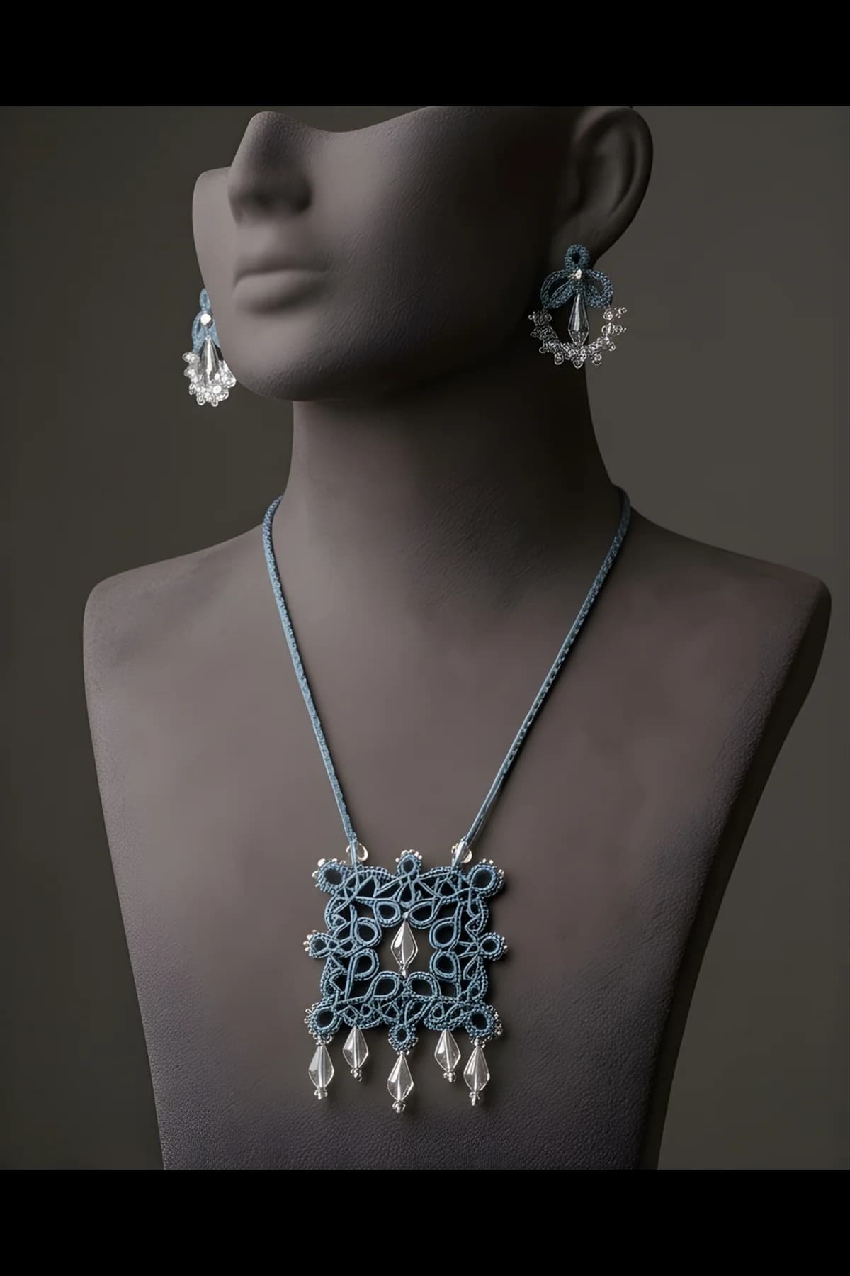 Hand knitted square pendent double layer necklace set