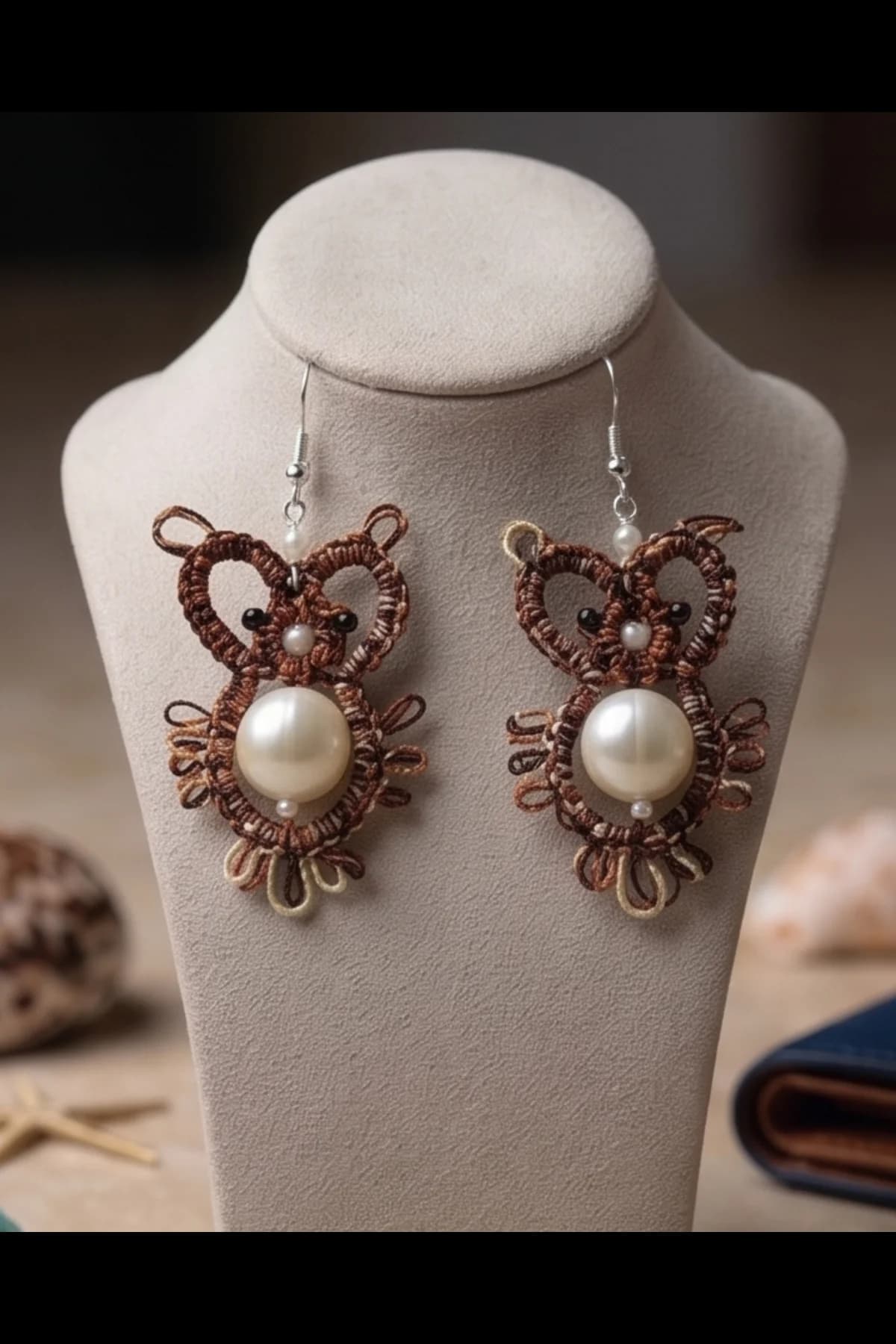 Hand knitted owl shaped long studs