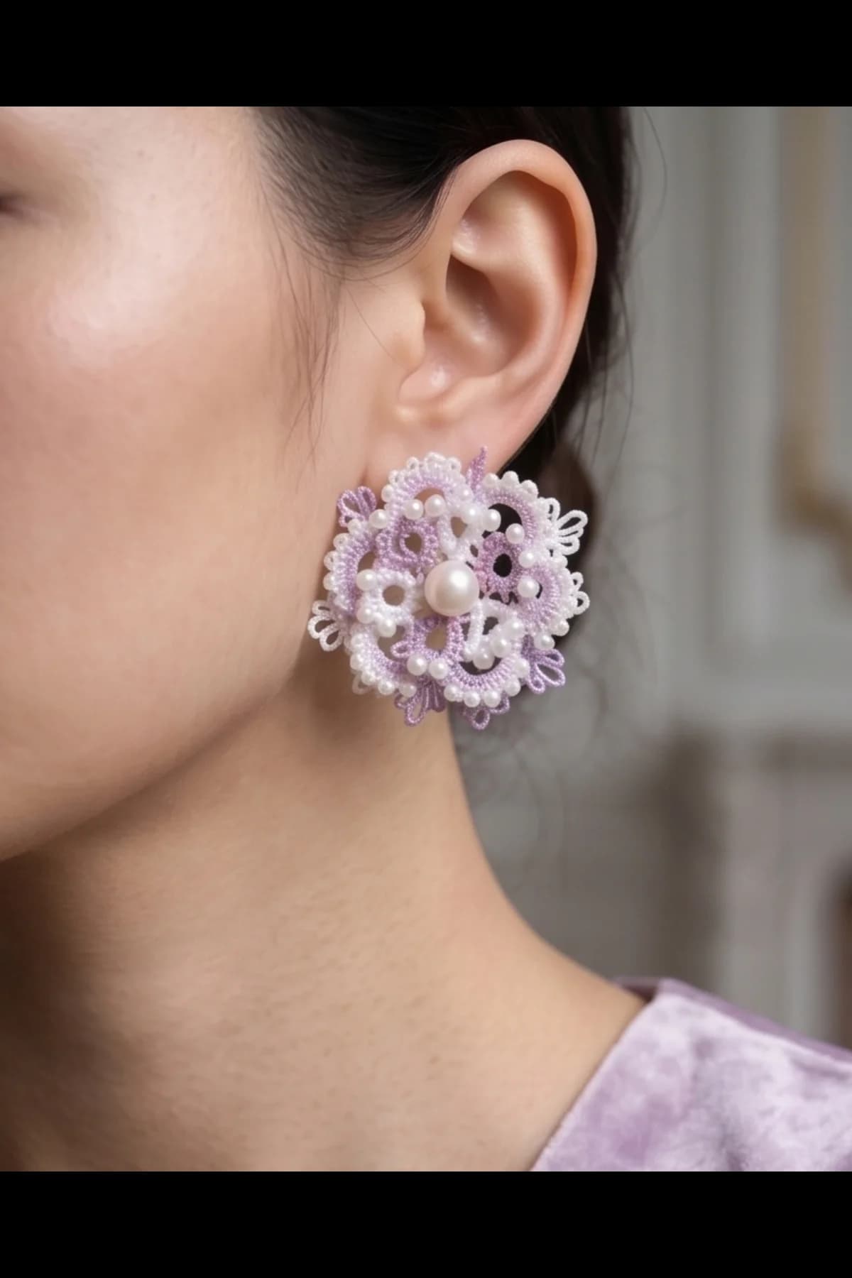 Hand knitted flower shape white big studs with triple layer