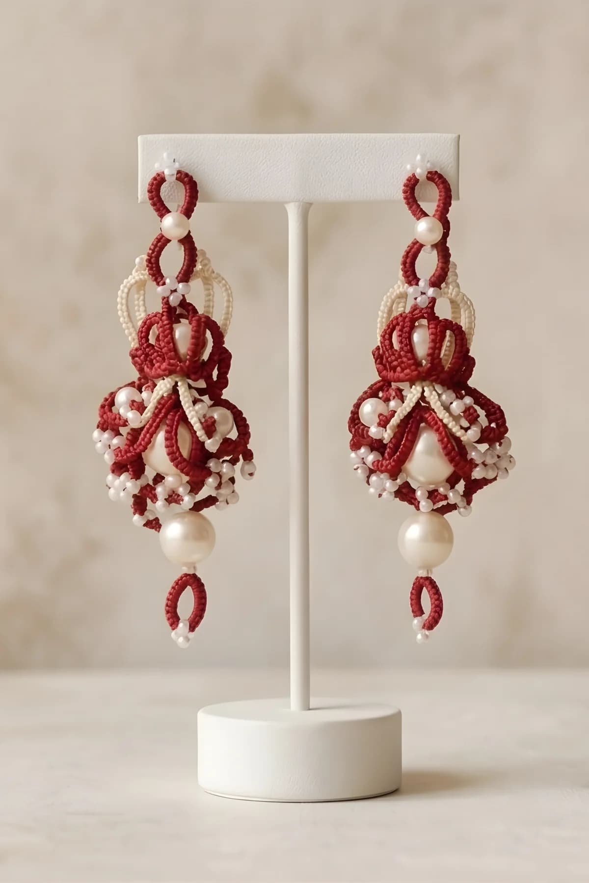 Hand knitted bulky long studs with white pearl